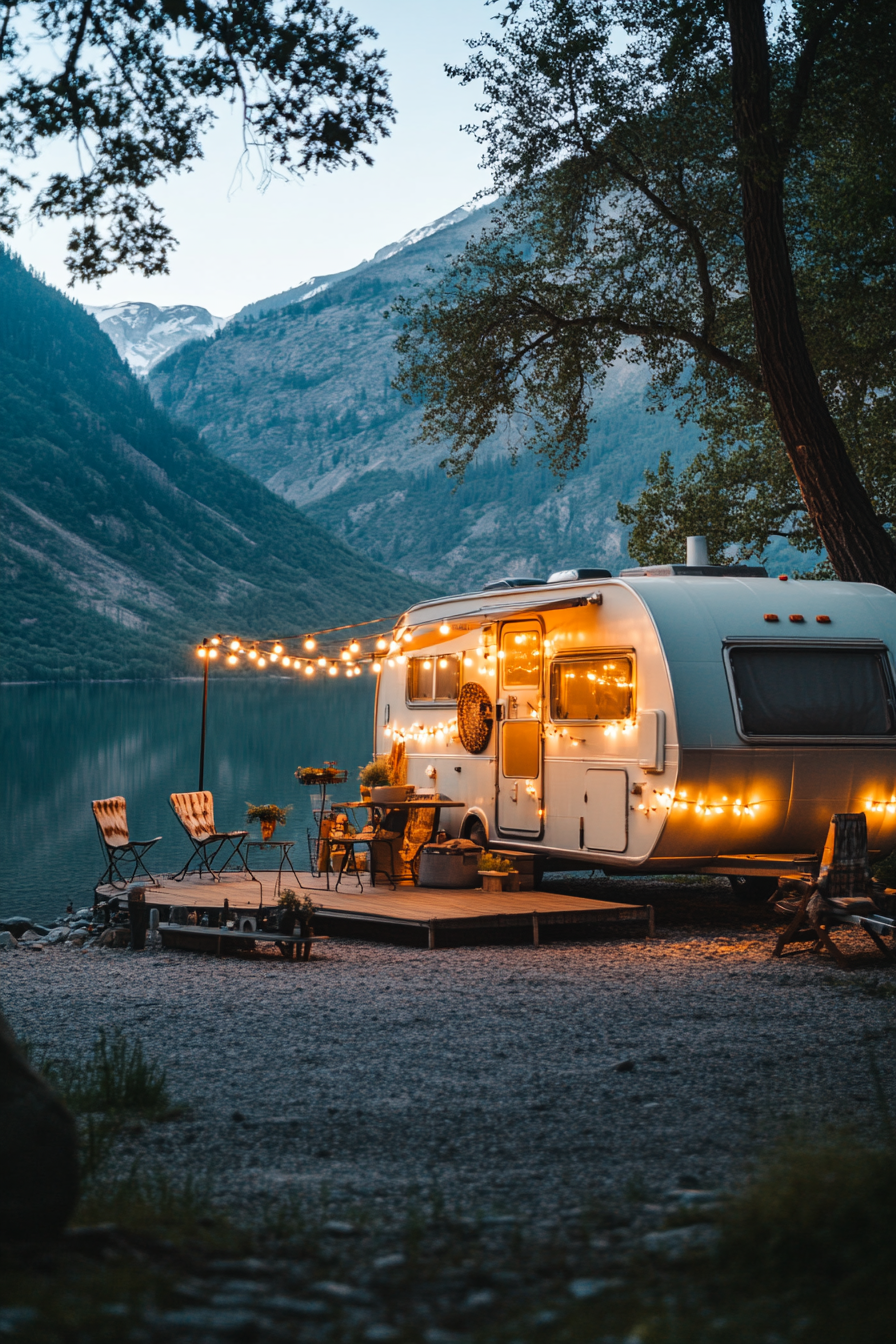 Wide angle view. Retro-styled RV with metal gliders, string lights, beside a clear mountain lake.