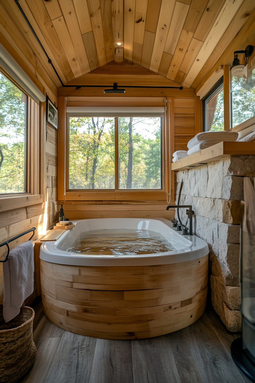 Wide-angle view. Natural tiny house bathroom. Wooden soaking tub. Stone elements.