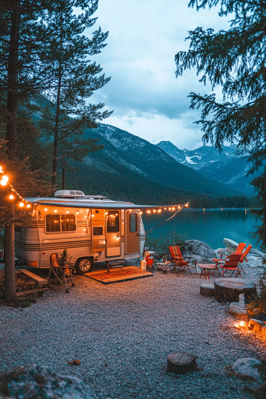 Wide angle view. Retro-styled RV entrance, metal gliders, string lights, crystal-clear mountain lake.