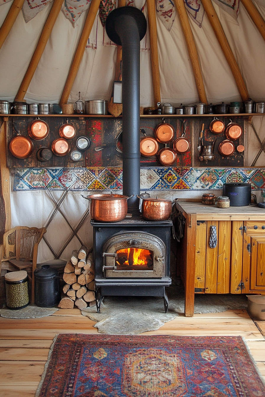 Alpine-style yurt kitchen. Wood stove with copper pots, cascading spice wall.