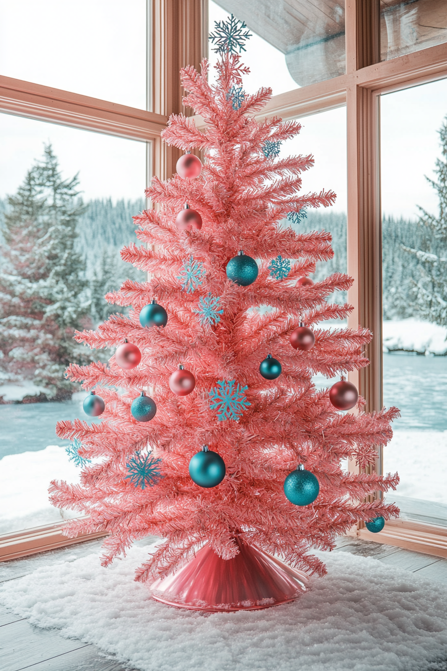 Wide-angle holiday interior. Pink metallic aluminum tree decorated with teal snowflake ornaments by icy lake.