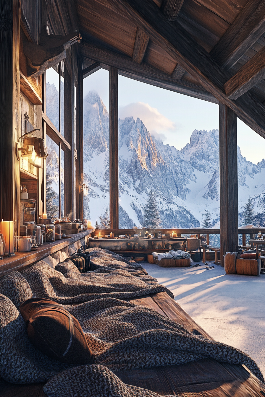 Interior view. Wide angle of a ski lodge, wool blankets, hot cocoa station, and snowy peaks.