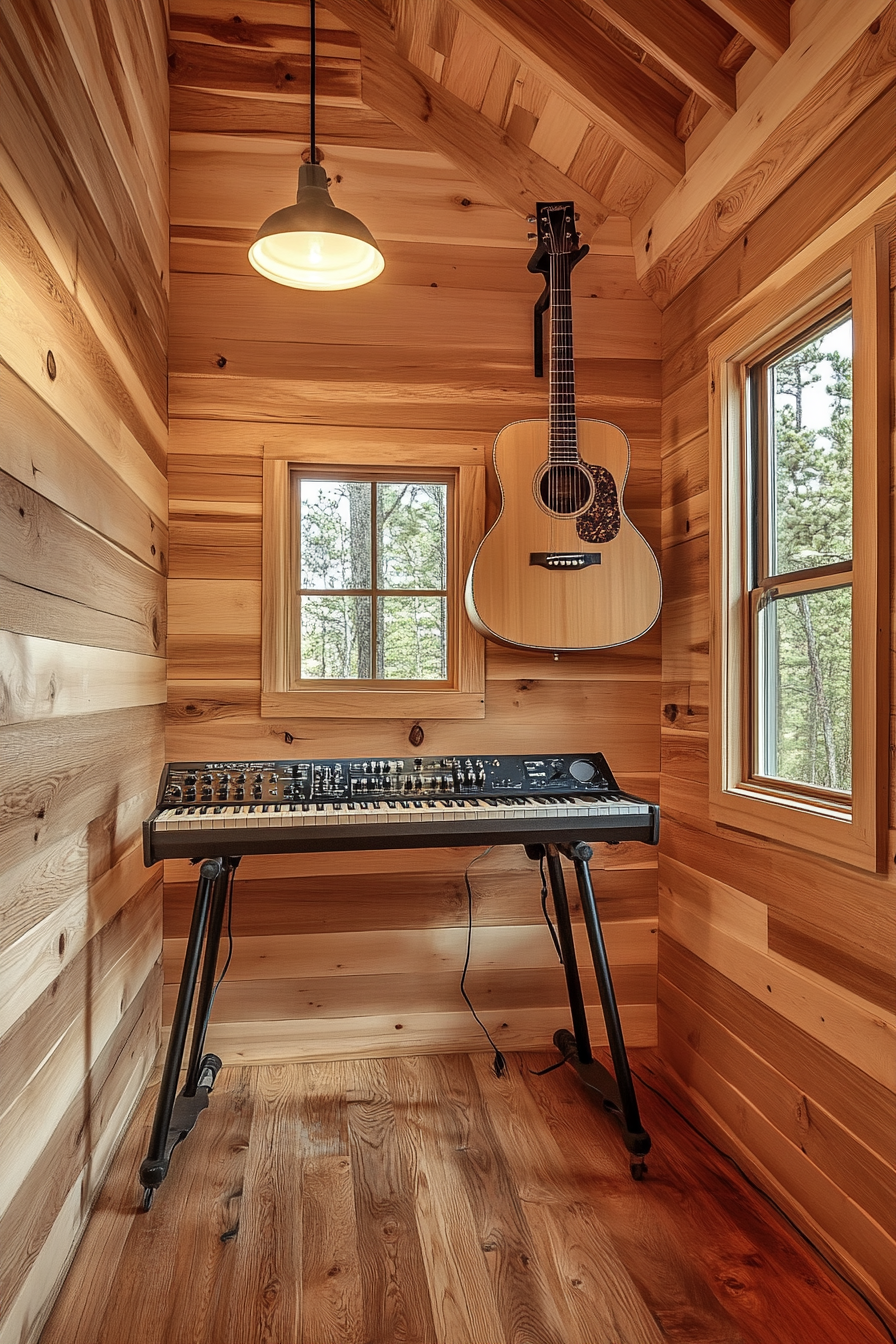 Woodland-style tiny music room. Oak walls, soundproofing, hanging guitar, keyboard mount.