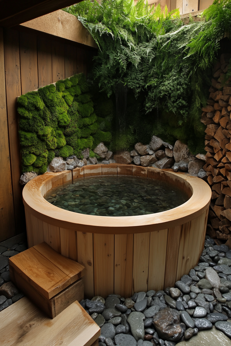 Tiny bathhouse. Circular wooden tub surrounded by pebble floor and moss wall.