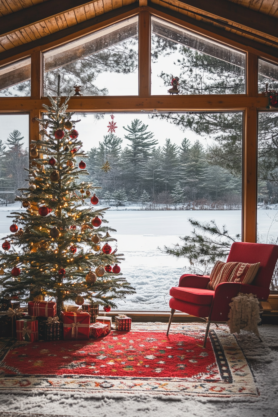 Wide angle view. Retro-styled holiday interior, aluminum tree with classic ornaments by a frozen lake.