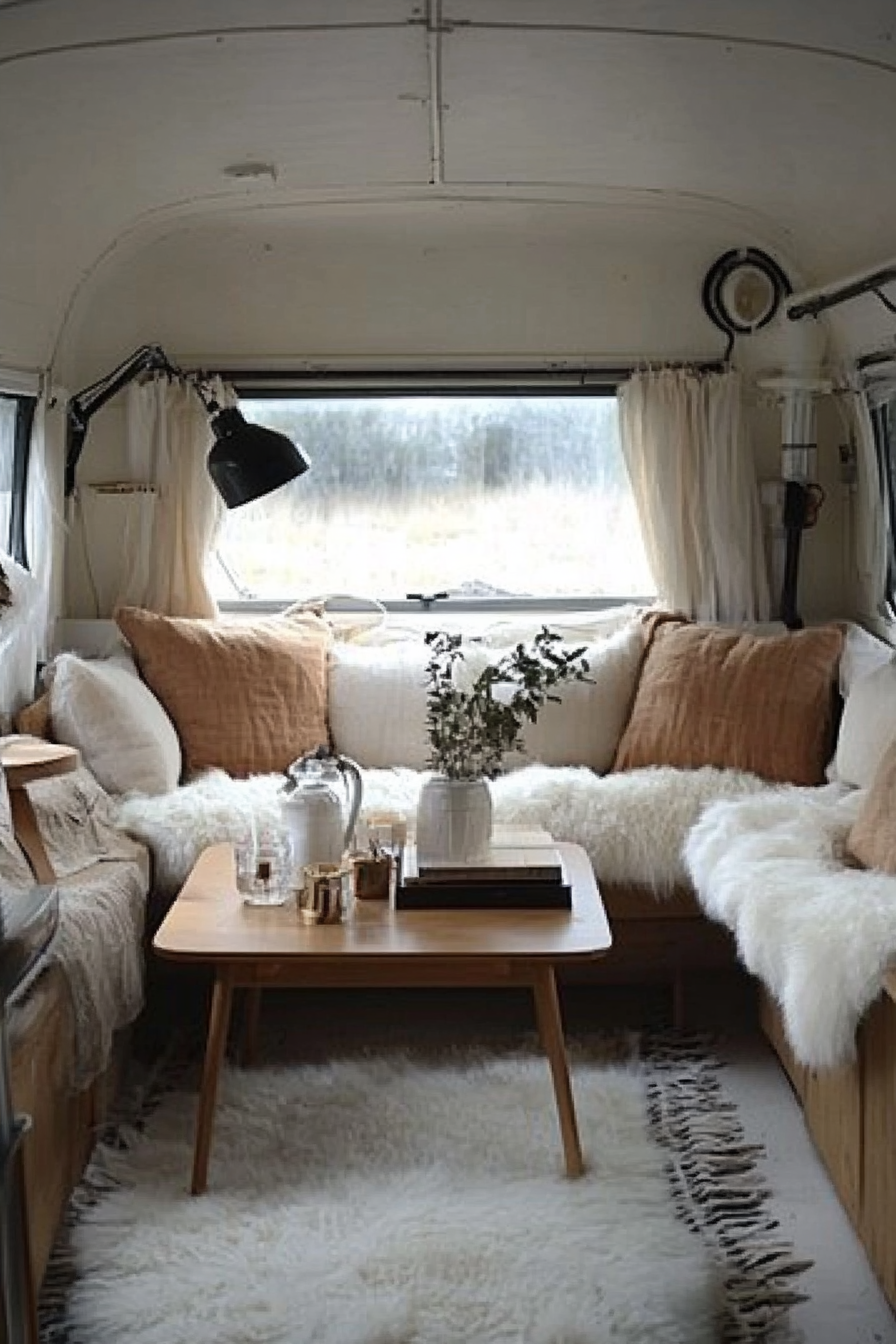 Scandinavian Camper Lounge. Anglepoise lamp, white sheepskin rug, teak coffee table.