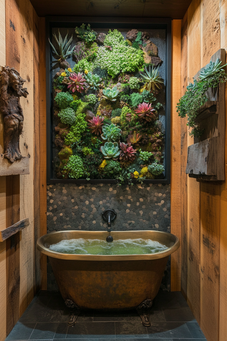 Nature-inspired tiny bathhouse. Pacific redwood paneling, Japanese hinoki tub, succulent wall décor.