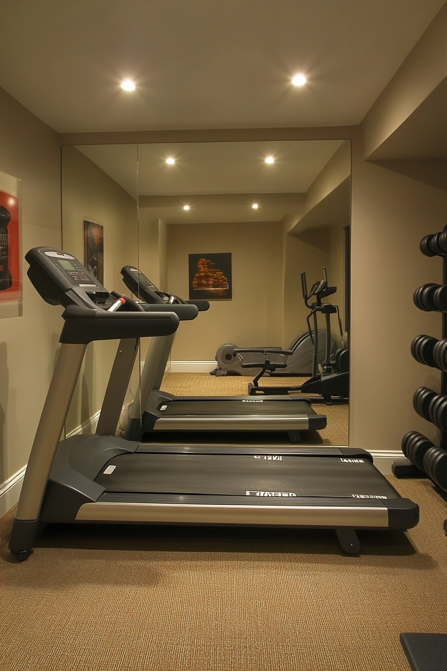 Contemporary tiny gym. Mirror wall, treadmill, black dumbbell rack.