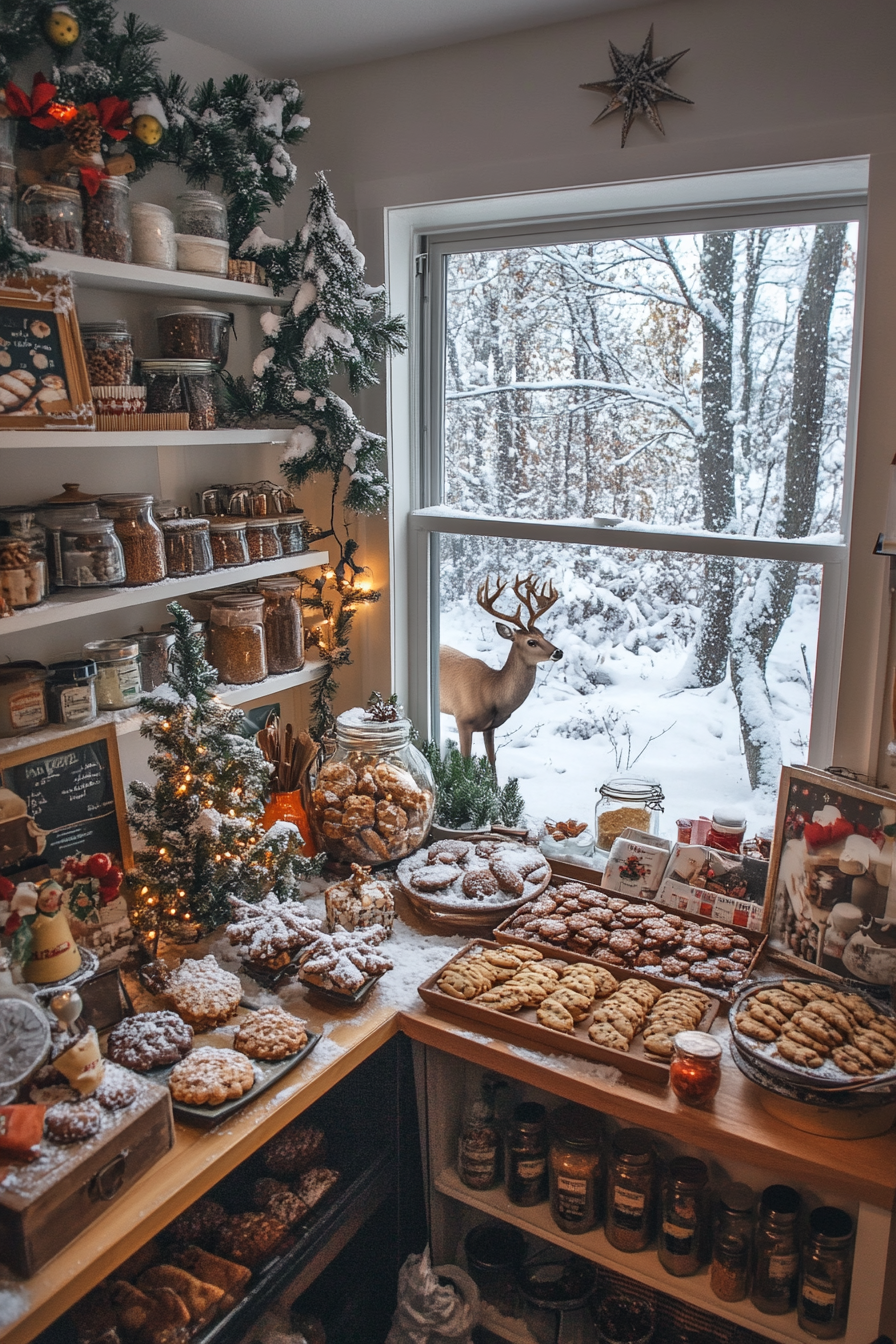 Wide angle holiday baking view. Deer outside snowy window, cookie station, and spice storage visible.