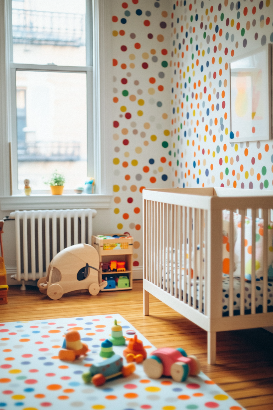 Wide angle view. Cheerful baby space with polkadot multicolor wallpaper and classic wooden toys.