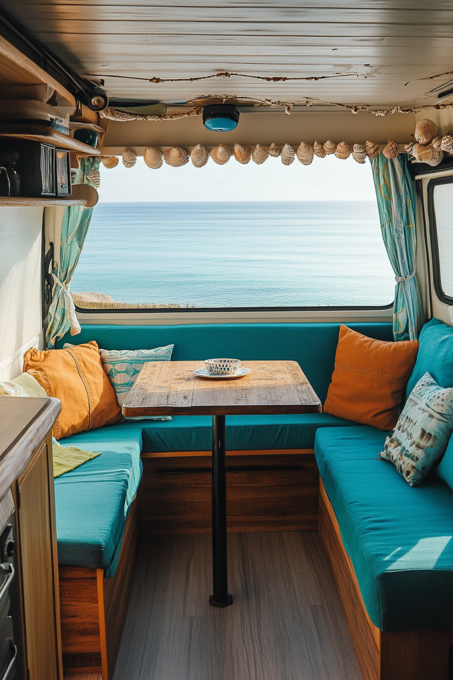 Van dining area. Turquoise cushions, wooden fold-out table, shell string curtain, ocean-facing seats.