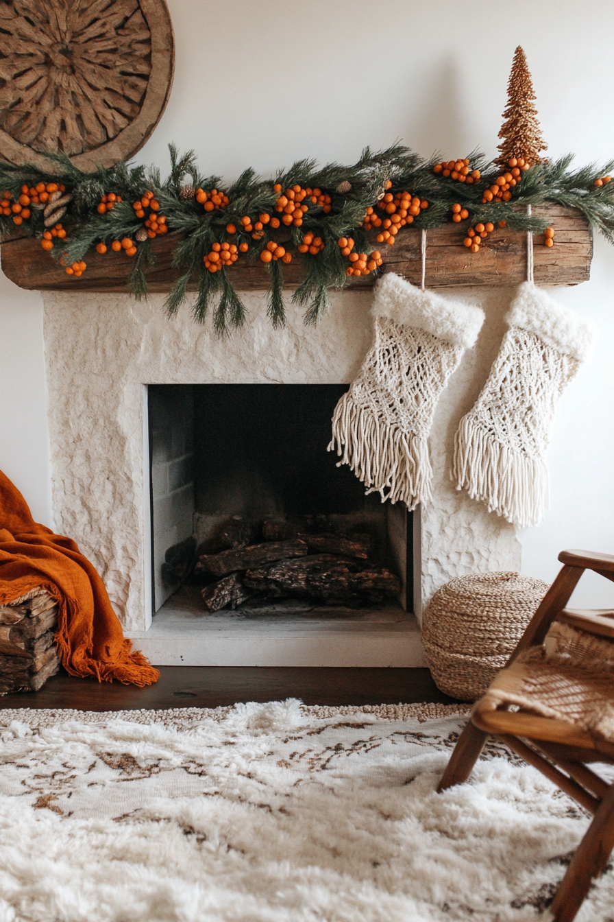 Eclectic holiday space. Macramé stockings over aged-wood mantle, dried orange garlands, mountain sunset backdrop.