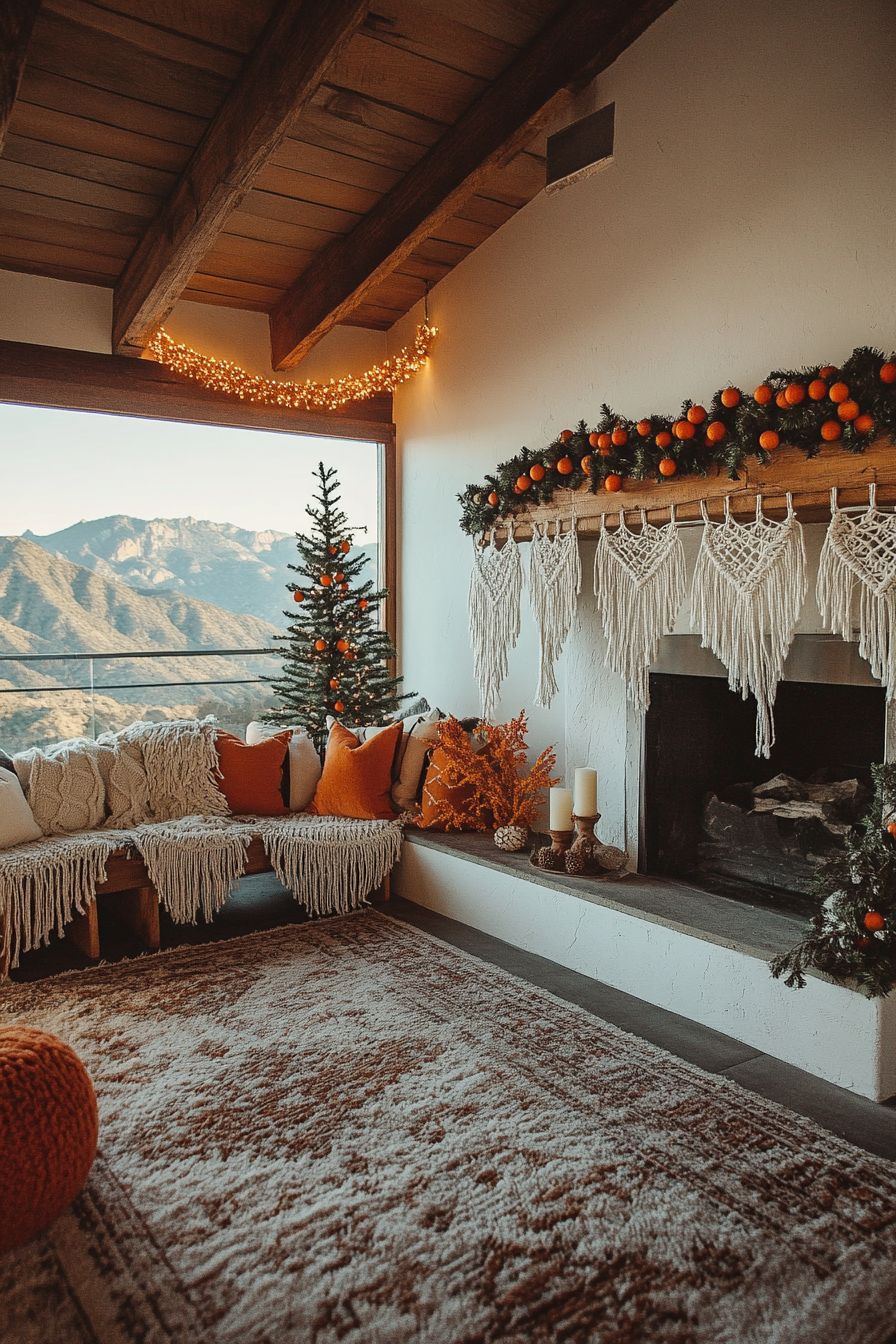 Eclectic holiday space. Macramé stockings, dried orange garlands, wide-angle mountain sunset view.