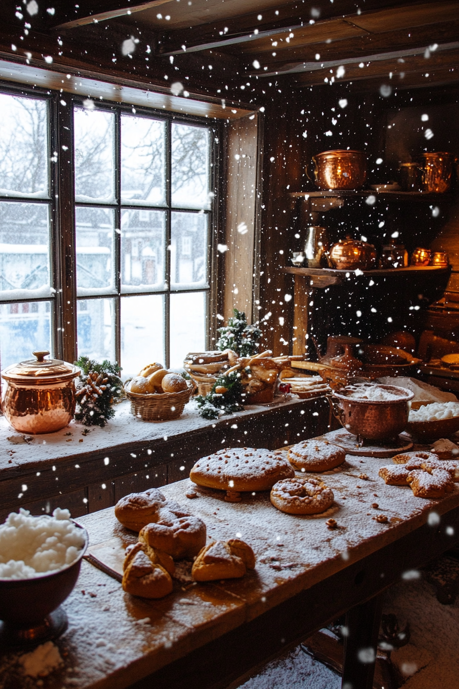 Wide angle view. Gingerbread-making space, copper pots, cinnamon bundles, windows framed with falling snow.