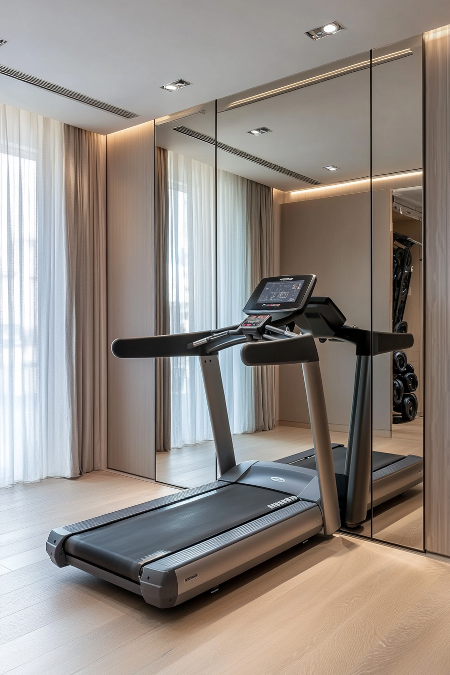 Contemporary tiny gym. Floor-to-ceiling mirror alongside a compact home treadmill.