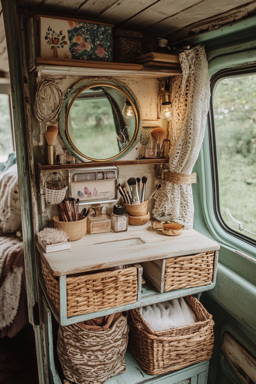 Bohemian van vanity. Wicker makeup storage, gold ring light, distressed wooden folding mirror.