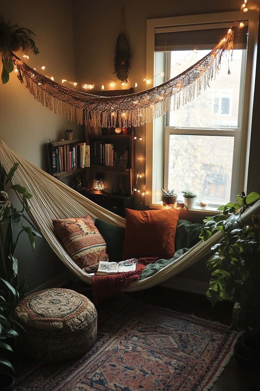 Desert-Boho reading corner. Southwest textile ottoman, hammock, string book lights, velvet cushions.