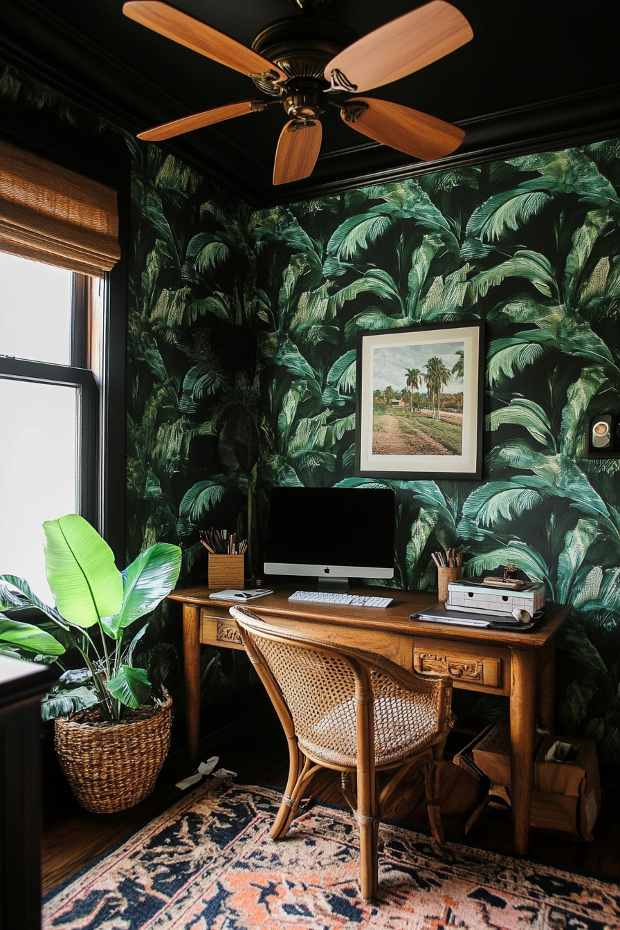 Tiny office. Dark green leaf wallpaper, rattan desk, bronze ceiling fan.