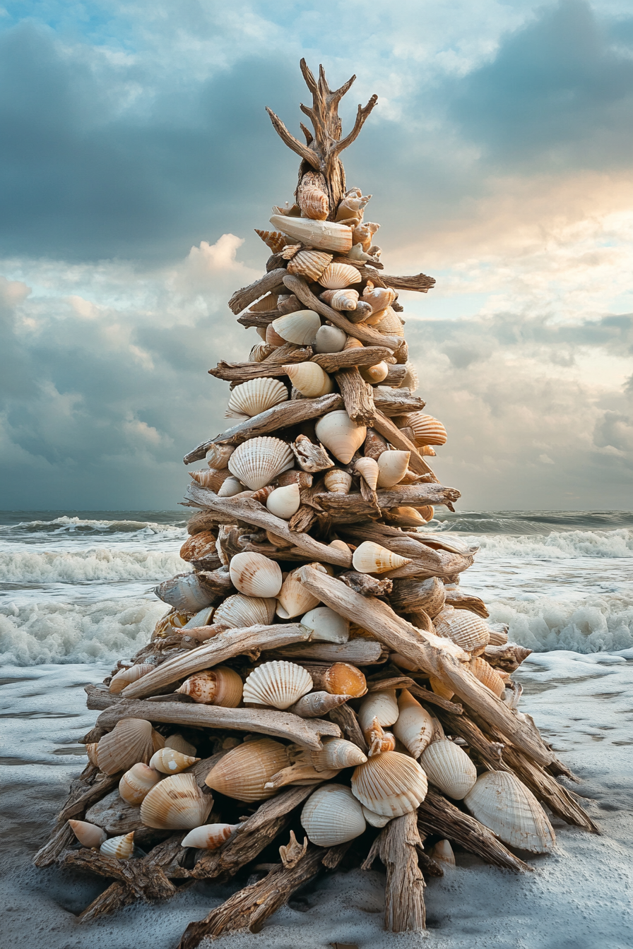 Holiday décor. Driftwood tree adorned with shell ornaments against a backdrop of winter waves.