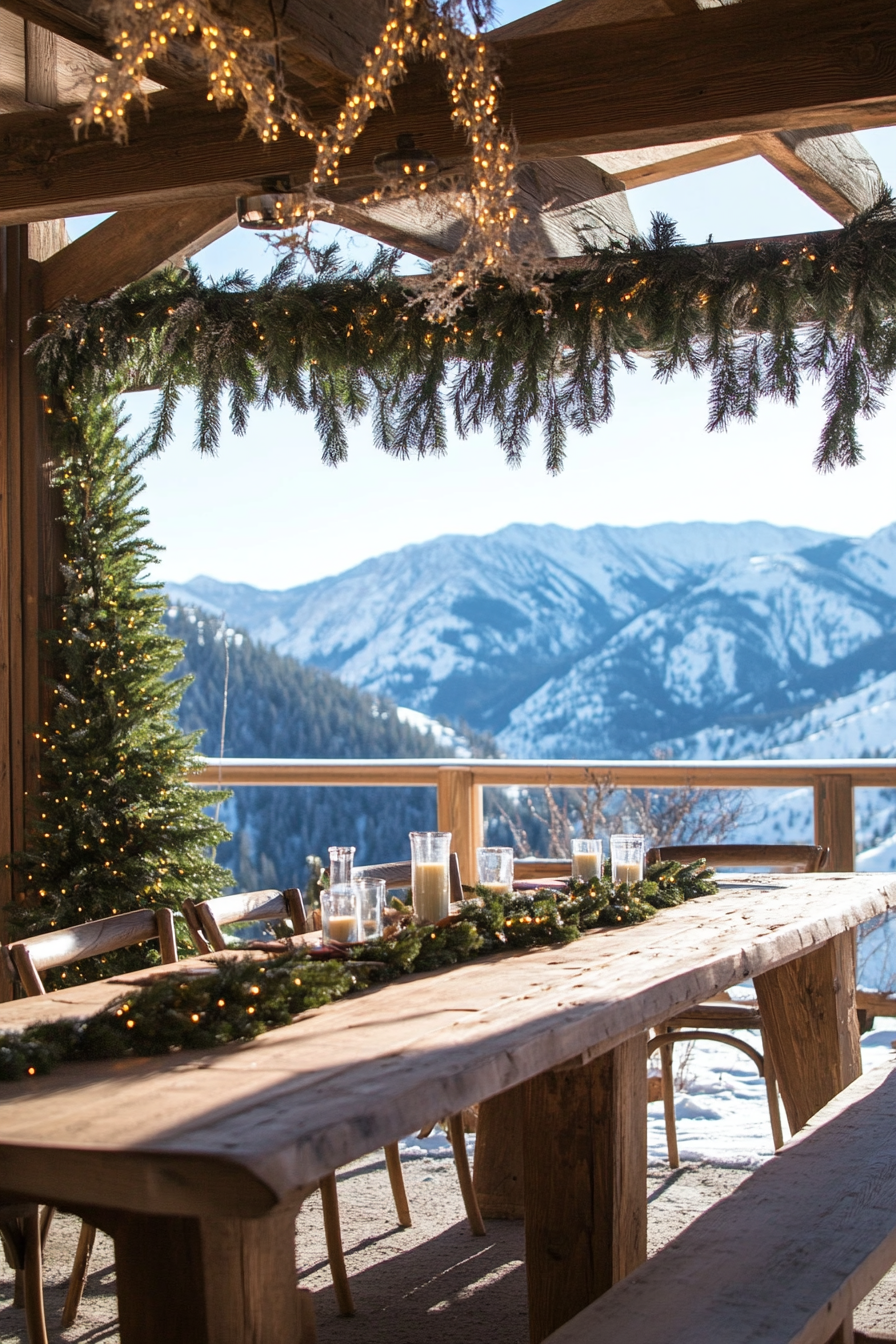 Farmhouse-style space. Pine garlands over barn wood table, snowy mountain backdrop.