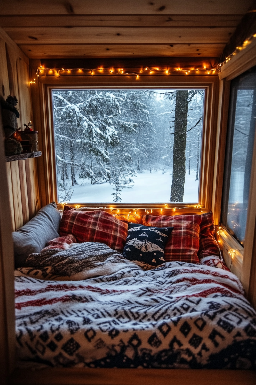 Festive sleeping nook. String lights, flannel bedding, wide angle onto snowy window view.