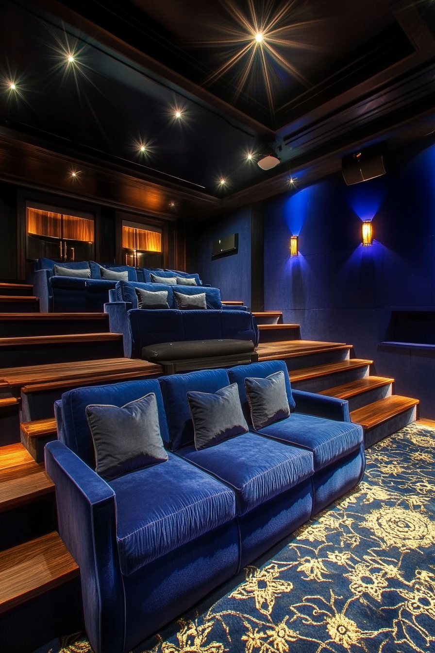 Contemporary tiny theater. Spotlighted projector wall against tiered royal blue velvet seating.