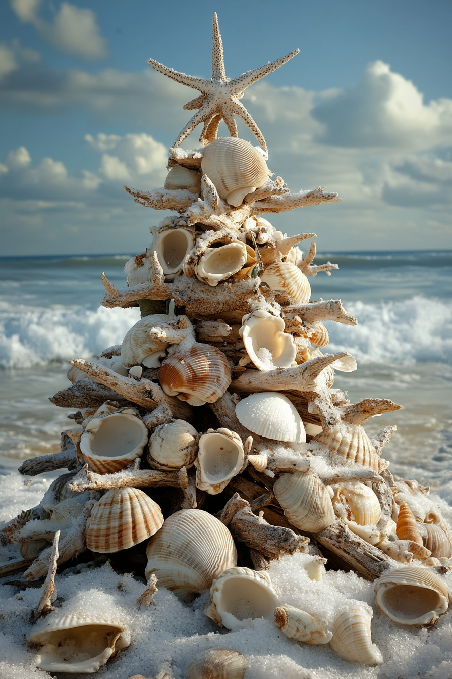 Holiday décor. Shell ornaments, driftwood tree, winter beach waves in wide angle view.