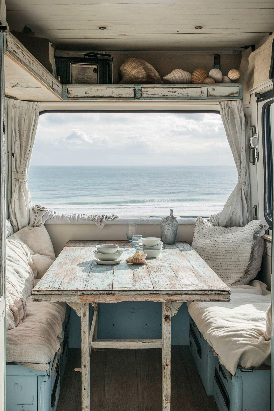 Van dining area. Fold-out table with distressed paint, ocean-facing seating, sparse shell decor.