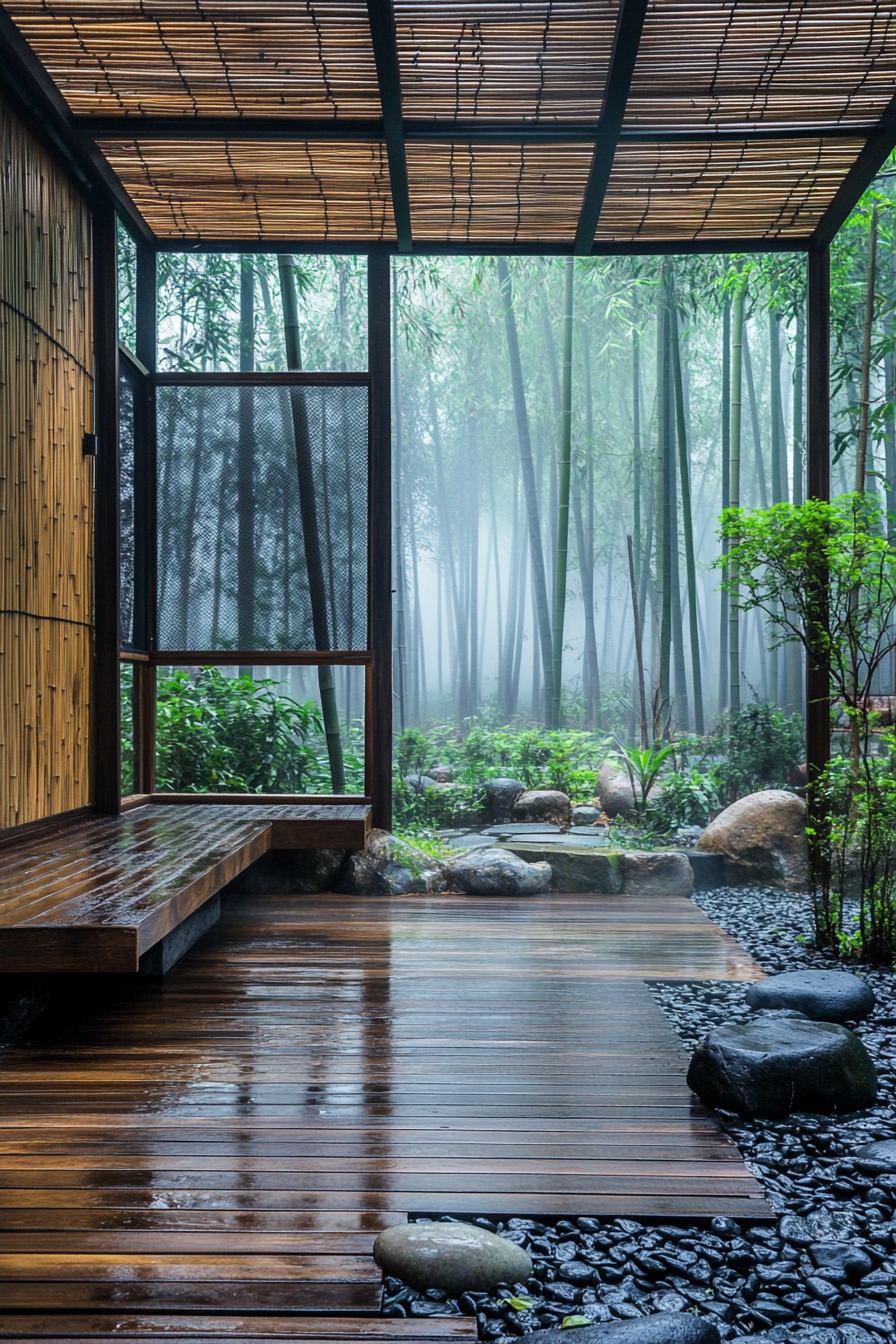 Minimalist tiny house deck. Bamboo screens, rock garden, misty bamboo forest backdrop.