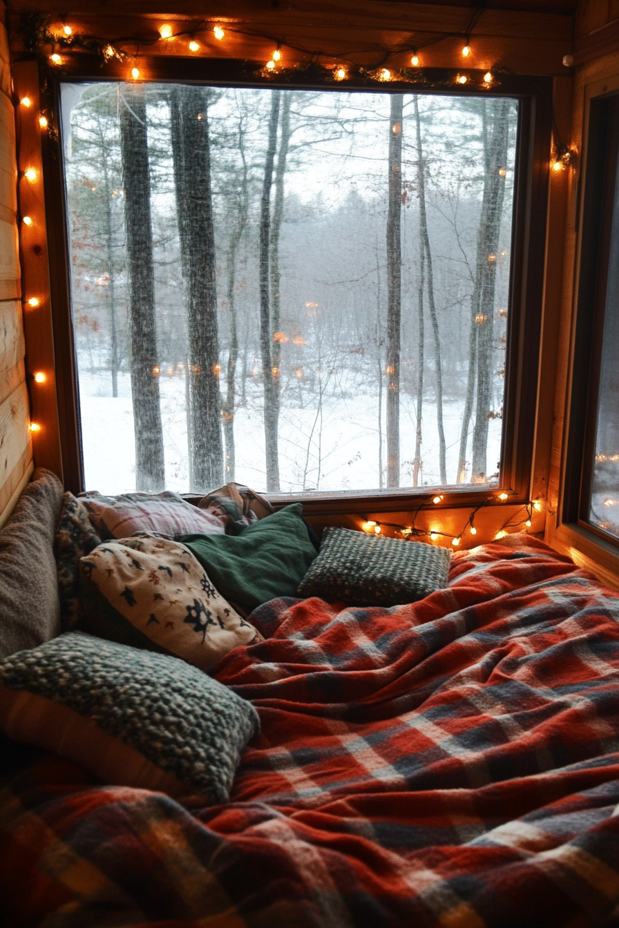 Wide angle view of sleeping nook. Festive flannel bedding, string lights, winter wonderland outside view.