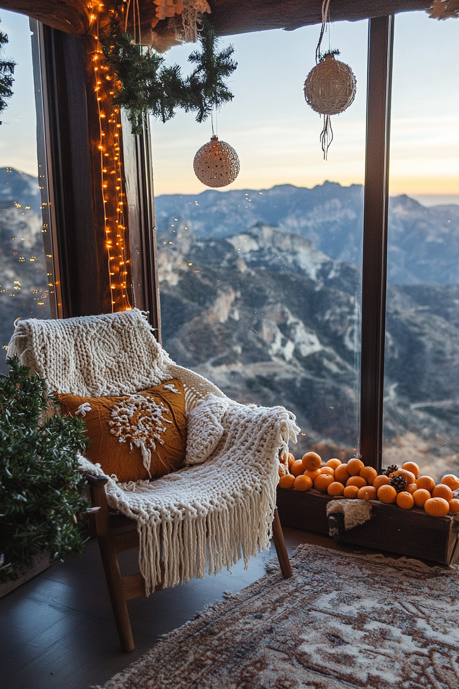 Eclectic holiday space. Macramé stockings, dried orange garlands, wide angle mountain sunset view.