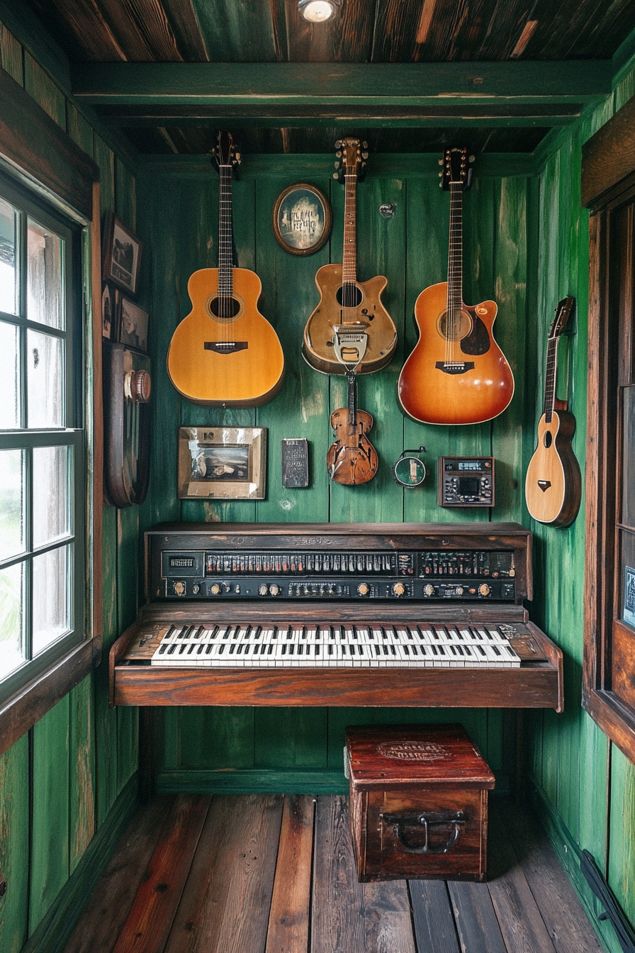 Tiny music room. Forest green soundproofing, rustic wooden keyboard mount, wall-mounted antique guitars.