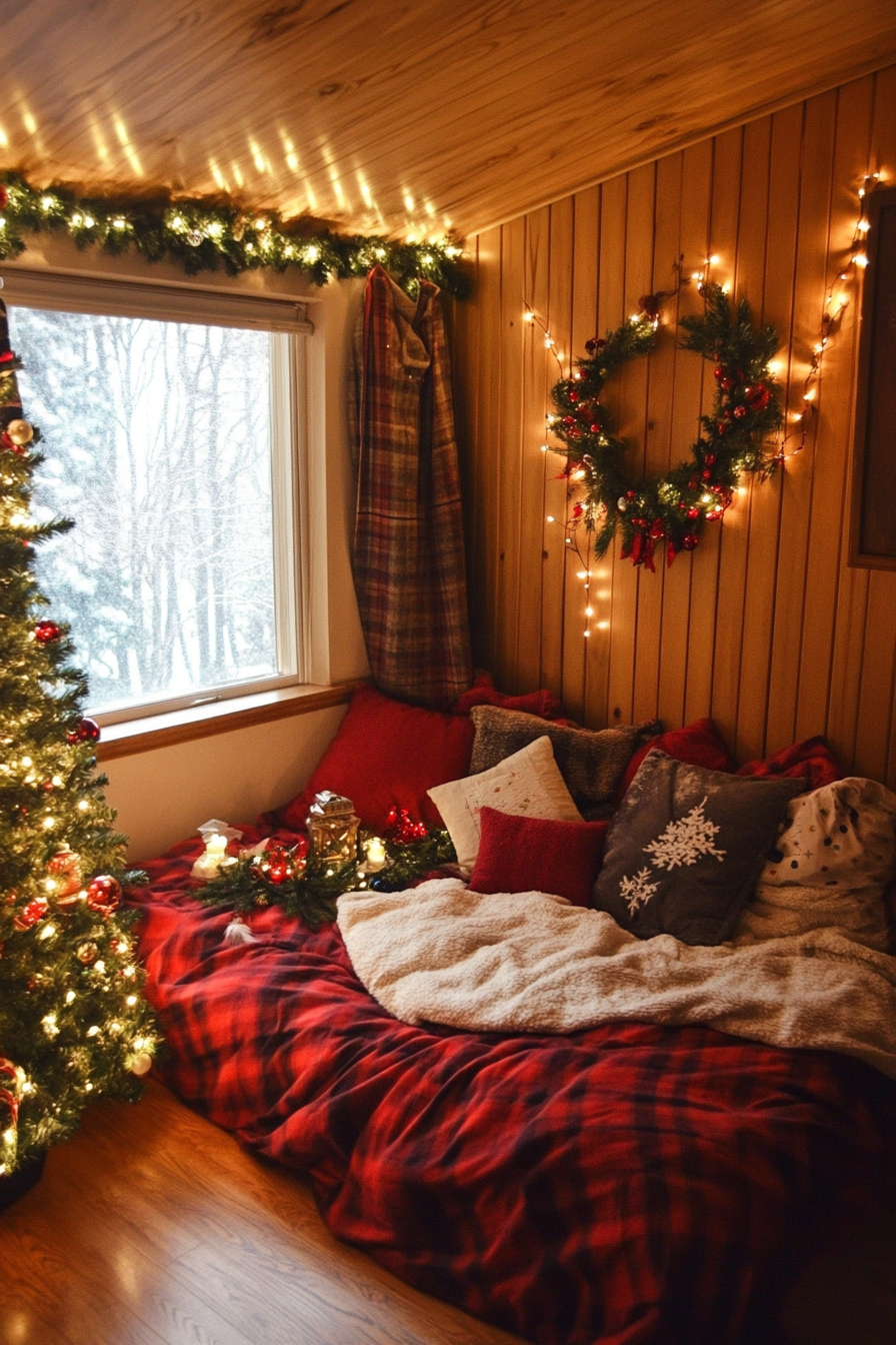 Wide angle view. Festive sleeping nook, flannel bedding, string lights, winter wonderland.