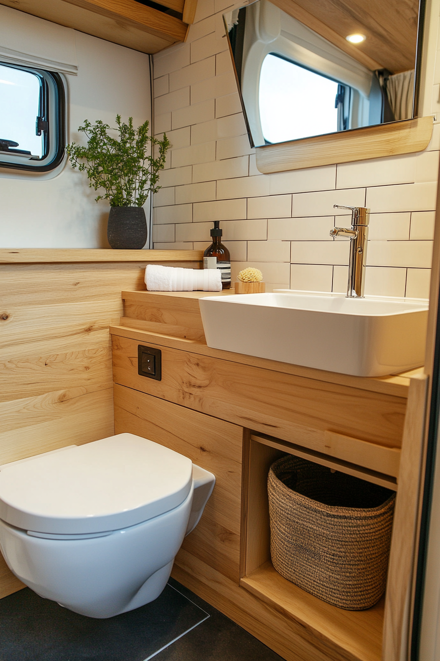 Contemporary camper bathroom. Smart toilet under open wooden vanity with hidden storage.