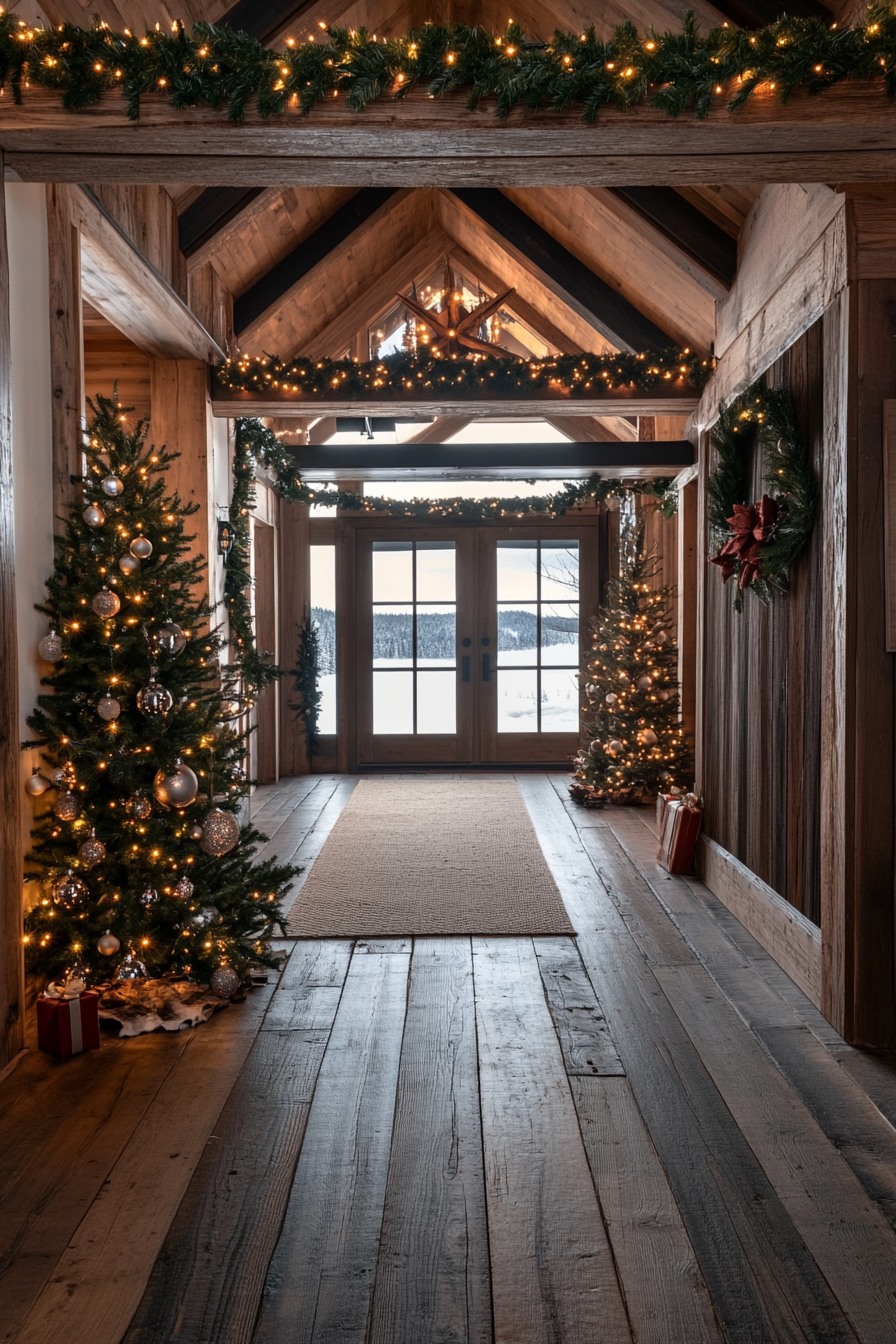 Farmhouse-style space. Pine garlands, wooden ornaments, wide-angle, snowy mountains perspective.