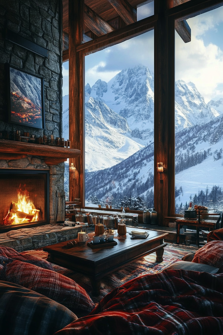 Ski lodge interior. Wool blankets by lit fireplace, high window viewing snowy peaks and cocoa station.