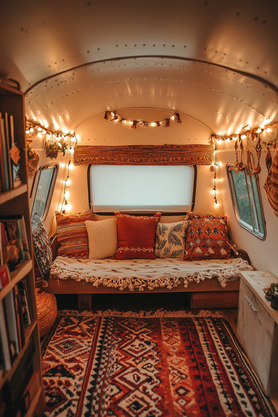 Desert-Boho reading corner. Camper with rustic southwest textiles, illuminated by book lights, garnished with smooth cushions.