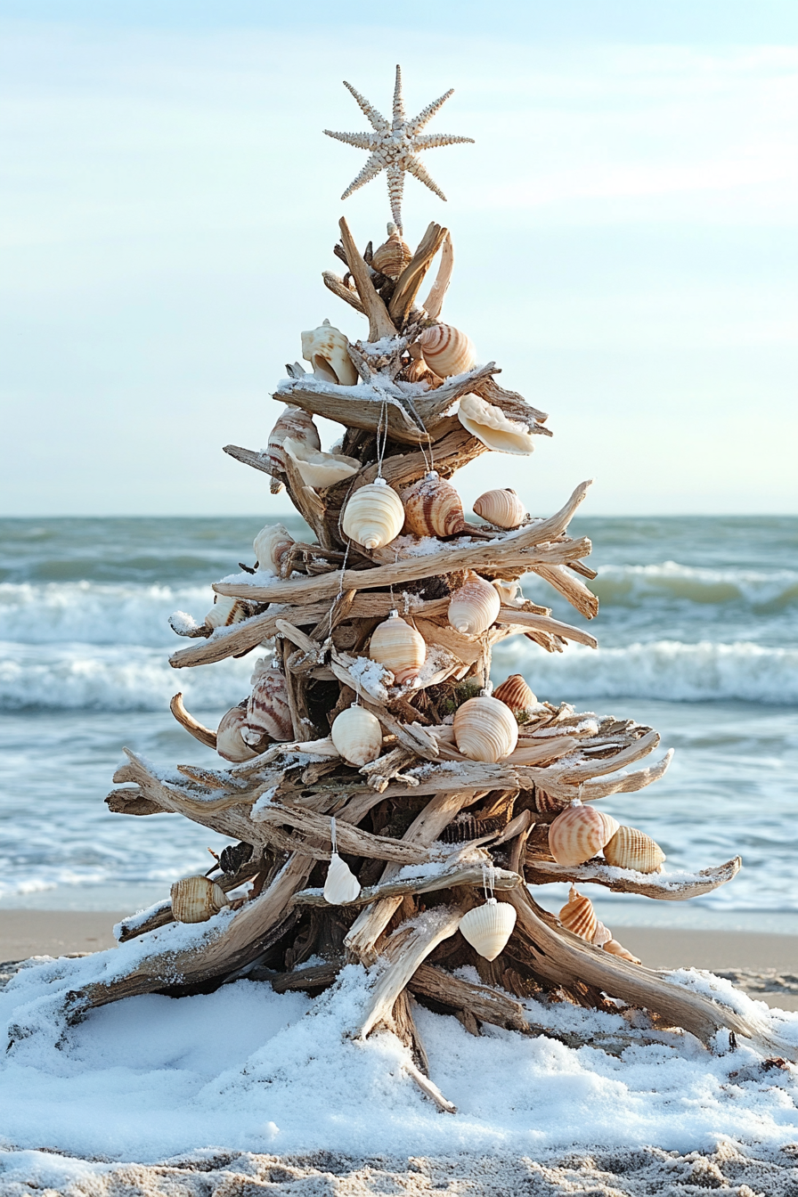 Holiday décor. Driftwood tree adorned with shell ornaments overlooking snowy beach waves.