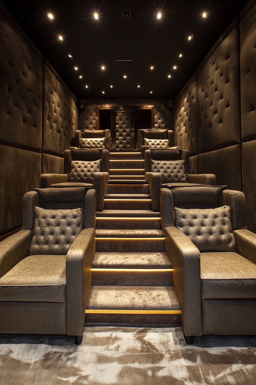 Contemporary tiny theater. Tiered seating arrangement in cuffed leather with surround sound speakers.