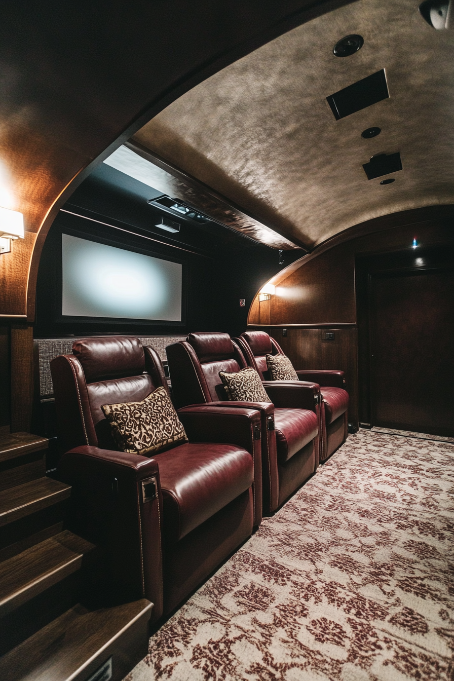 Tiny theater design. Contemporary maroon leather tiered seating and wall-mounted projector.