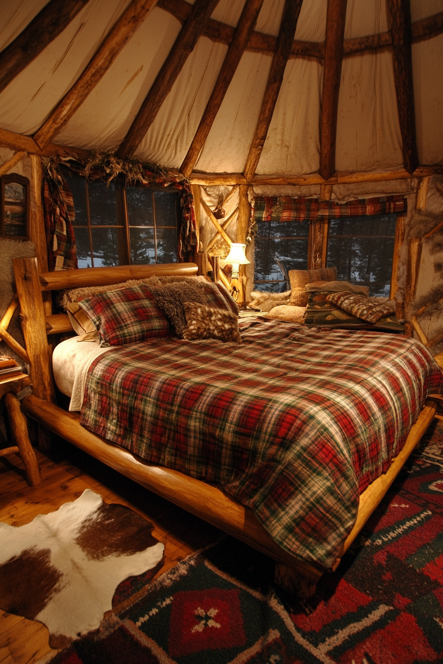 Alpine-View Yurt Bedroom. Log bed with Tartan-plaid bedding and animal-skin throw rug.