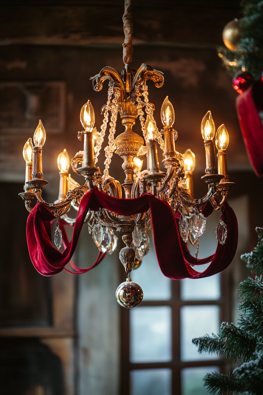 Wide-angle Christmas interior. Velvet ribbons on antique chandelier, vintage ornaments, snow-coated village backdrop.