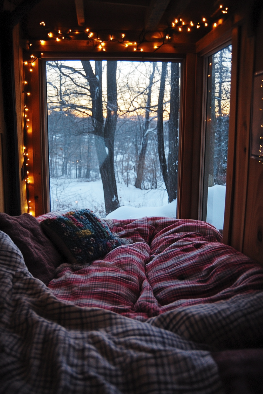 Festive sleeping nook. Flannel bedding, string lights, wide-angle view of winter wonderland.