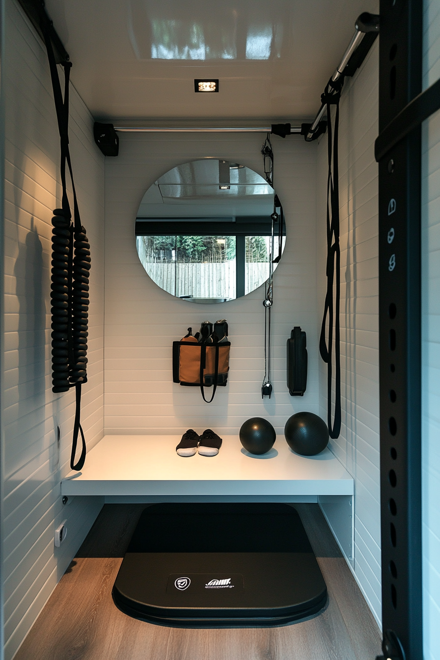 Contemporary tiny gym. Mirror wall, resistance bands, medicine balls storage, compact treadmill.