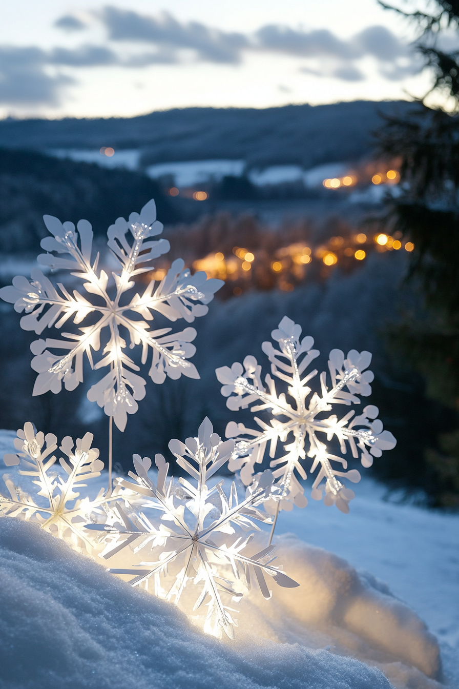 Modern Christmas decor. White LED lights illuminating paper snowflakes against frost-covered valley panorama.