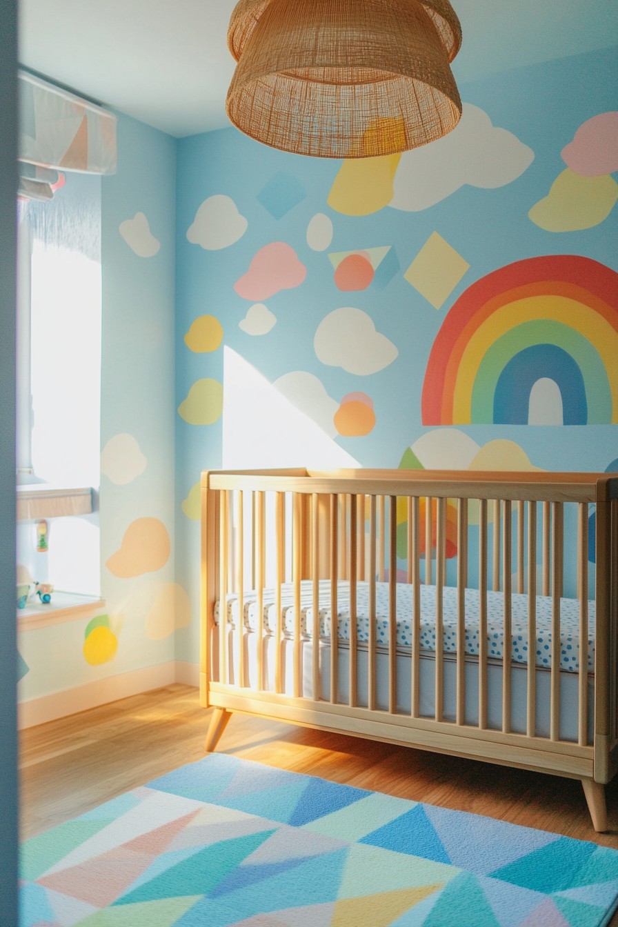 Wide angle view of cheerful baby space. Rainbow geometric pattern on a sky-blue wallpaper.