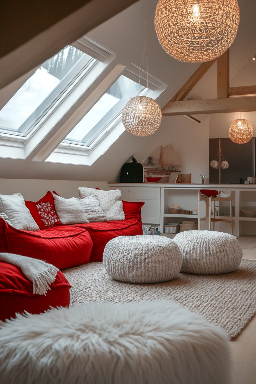 Scandinavian-inspired space. Red accents, white decorations, northern lights visible through skylight.