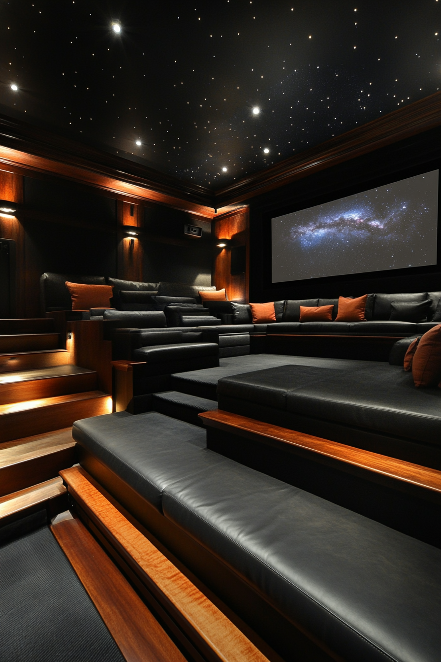 Contemporary tiny theater. Black leather tiered seating, night sky projector wall, and teakwood surround sound.