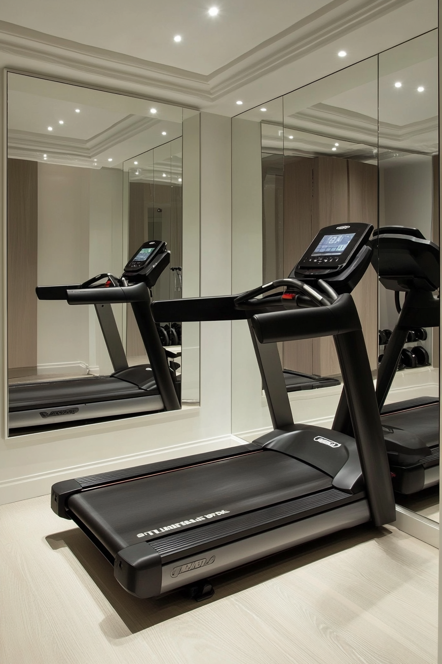 Contemporary tiny gym. Mirror wall, black treadmill, white storage shelves.