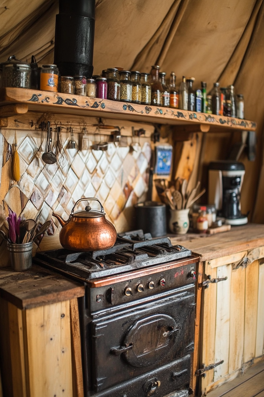 Alpine Yurt Kitchen. Raw wood stovefront, polished copper teapot resting above, spice bottles lining walls.